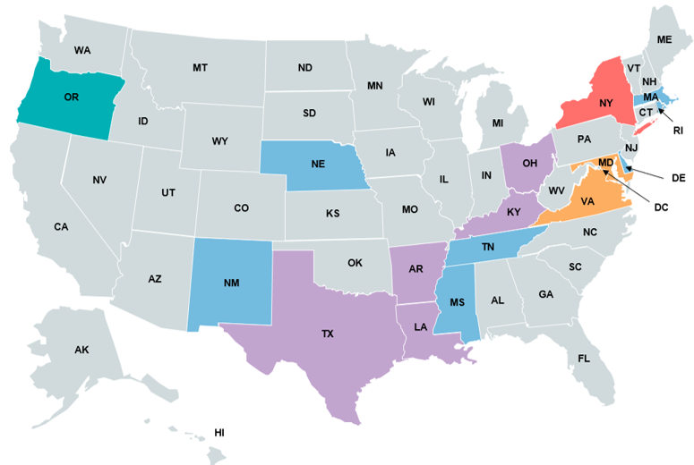 Map of the United States with highlights of states that have adopted instructional materials